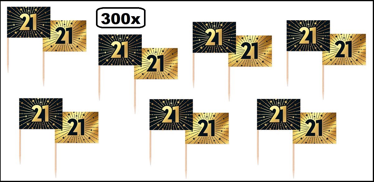 300 stuks Luxe Cocktailprikkers 21 jaar goud/zwart - Vlag prikker Jubileum verjaardag thema feest bruiloft cocktail prikker