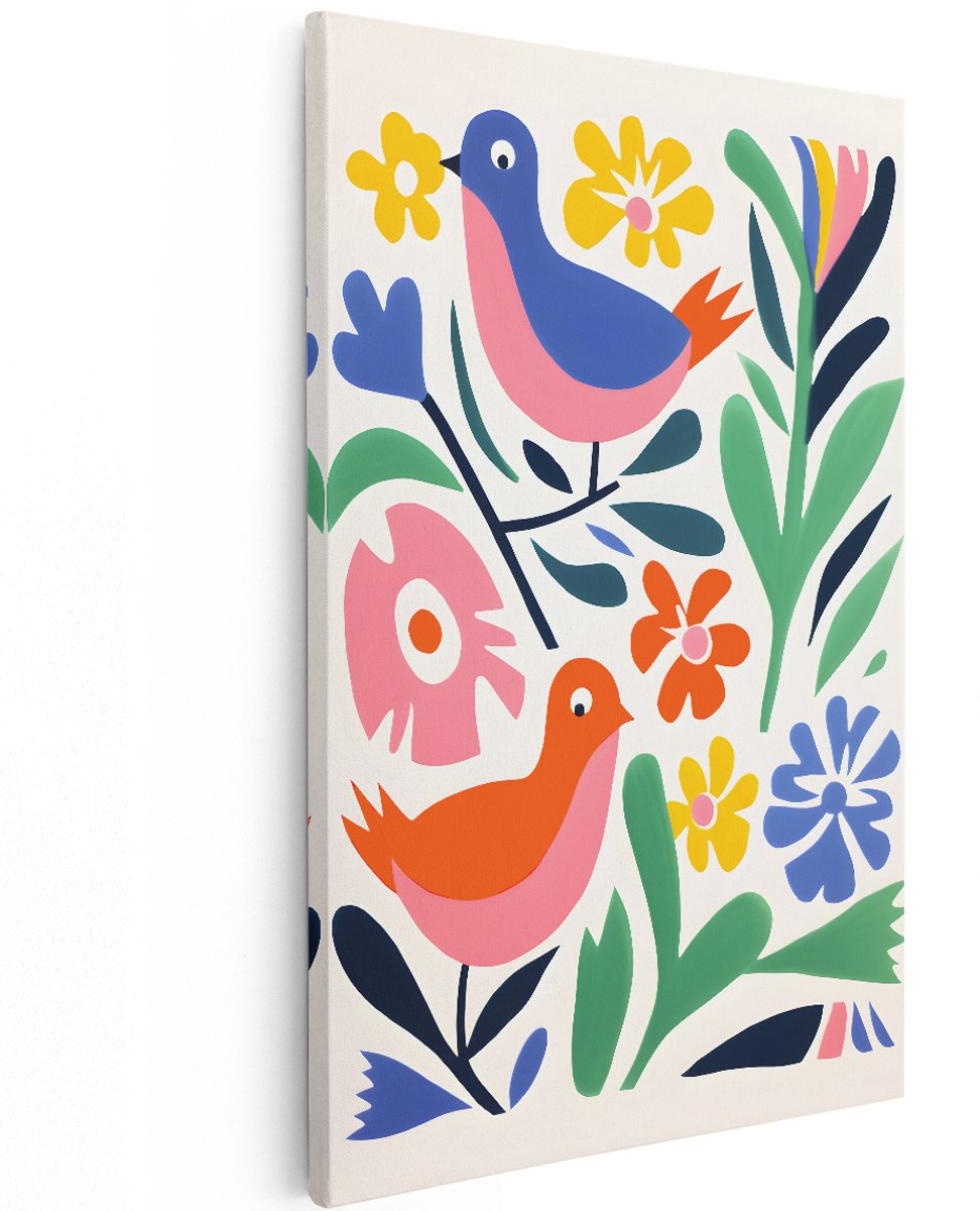 Artaza Canvas Schilderij Vogels En Bloemen - 120x180 cm - Groot - Kleurrijke Wanddecoratie - Muurdecoratie Bloemen - Decoratie Woonkamer