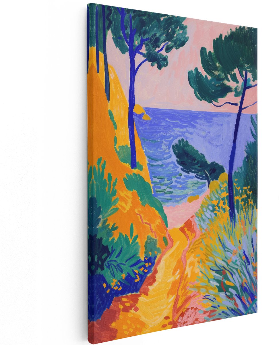 Artaza Canvas Schilderij Kustlandschap - 120x180 cm - Groot - Wanddecoratie Zee - Muurdecoratie Natuur - Decoratie Pijnbomen Kleurrijk