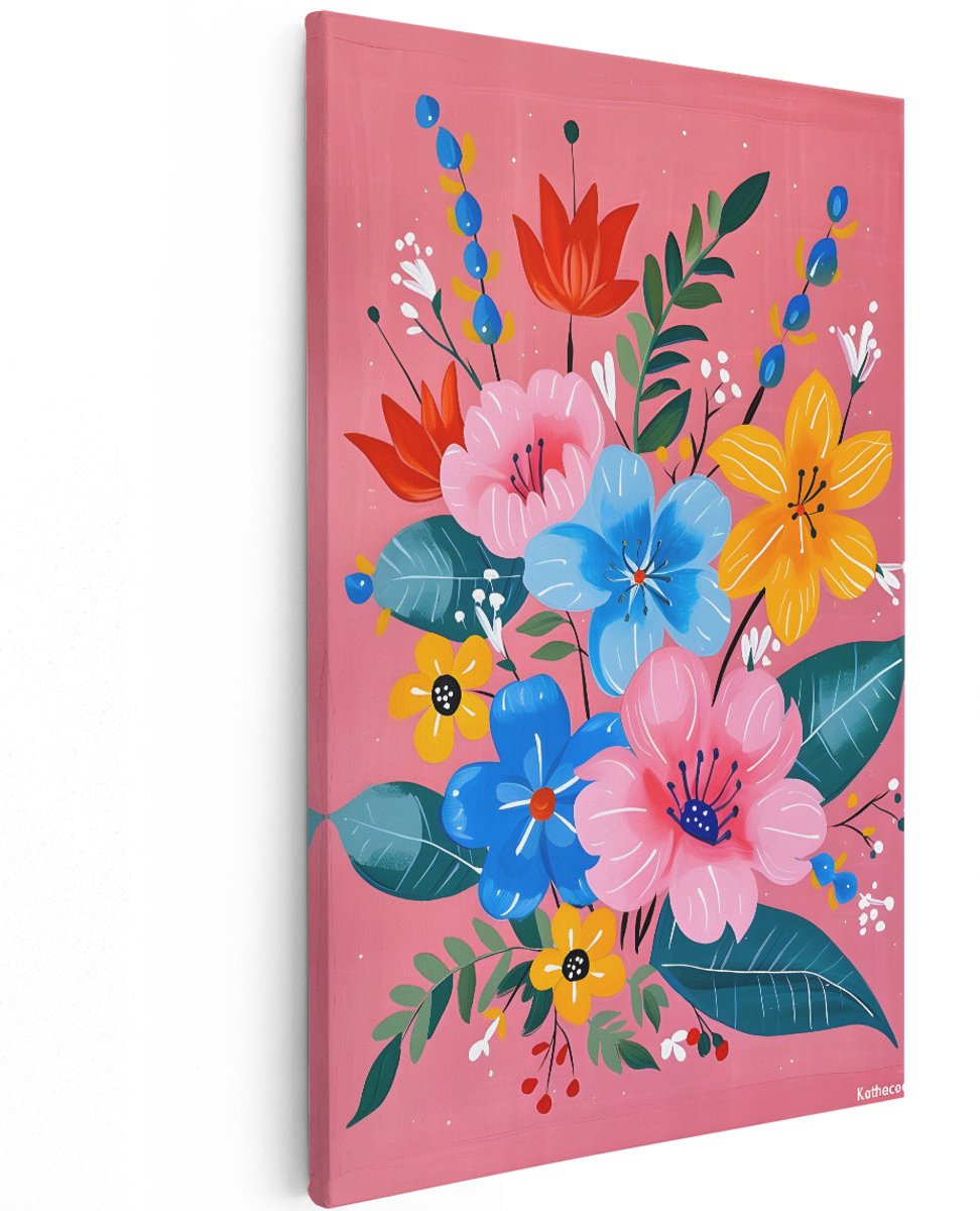 Artaza Canvas Schilderij Bloemen - 120x180 cm - Groot - Wanddecoratie Kleurrijk Boeket - Muurdecoratie Boho - Decoratie Roze Bloem