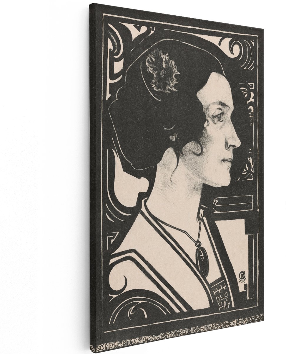 Artaza Canvas Schilderij Vrouw Portret - 120x180 cm - Groot - Wanddecoratie Vintage - Muurdecoratie Zwart Wit - Decoratie Art Nouveau