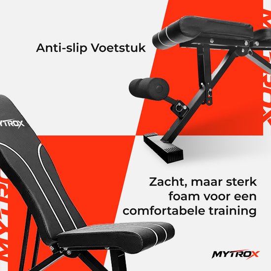 Zwarte halterbank met "Mytrox" logo. "Anti-slip voetstuk" en zacht, sterk schuim voor comfortabele training.