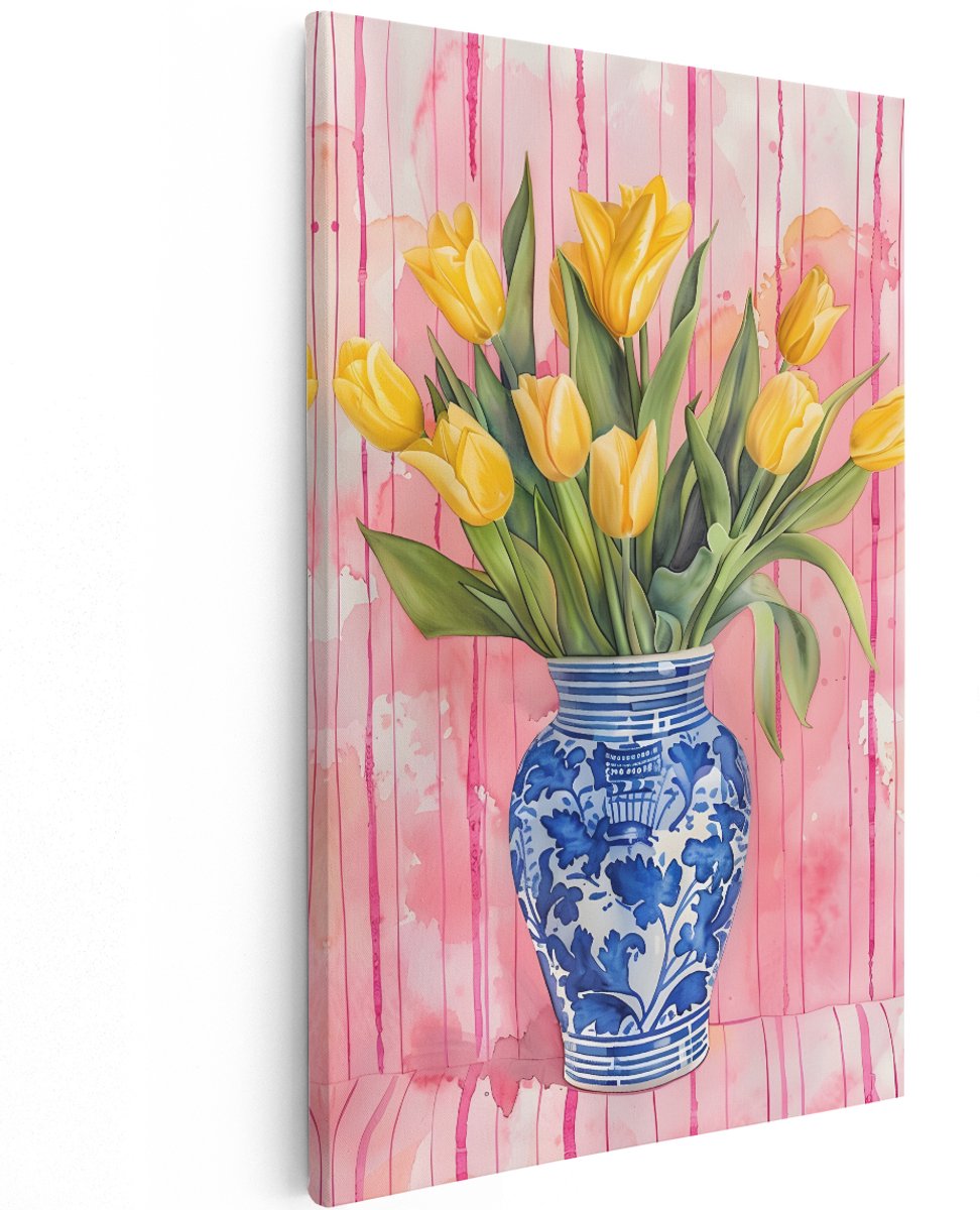 Artaza Canvas Schilderij Gele Tulpen - 120x180 cm - Groot - Wanddecoratie Bloemen - Muurdecoratie Delfts Blauwe Vaas - Decoratie Stilleven