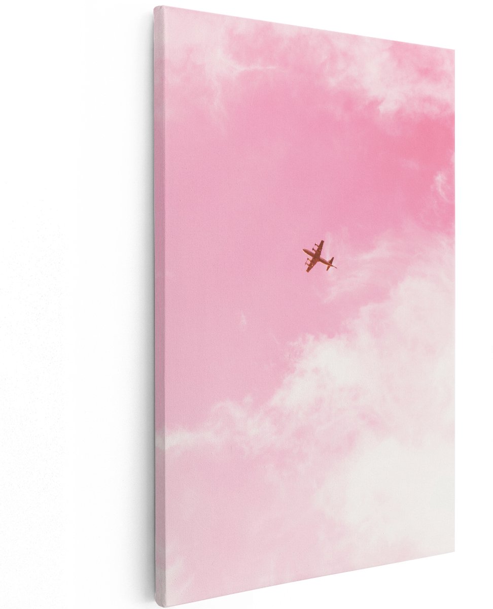 Artaza Canvas Schilderij Vliegtuig - 120x180 cm - Groot - Wanddecoratie Roze Wolken - Muurdecoratie Zonsondergang - Decoratie Slaapkamer - Roze