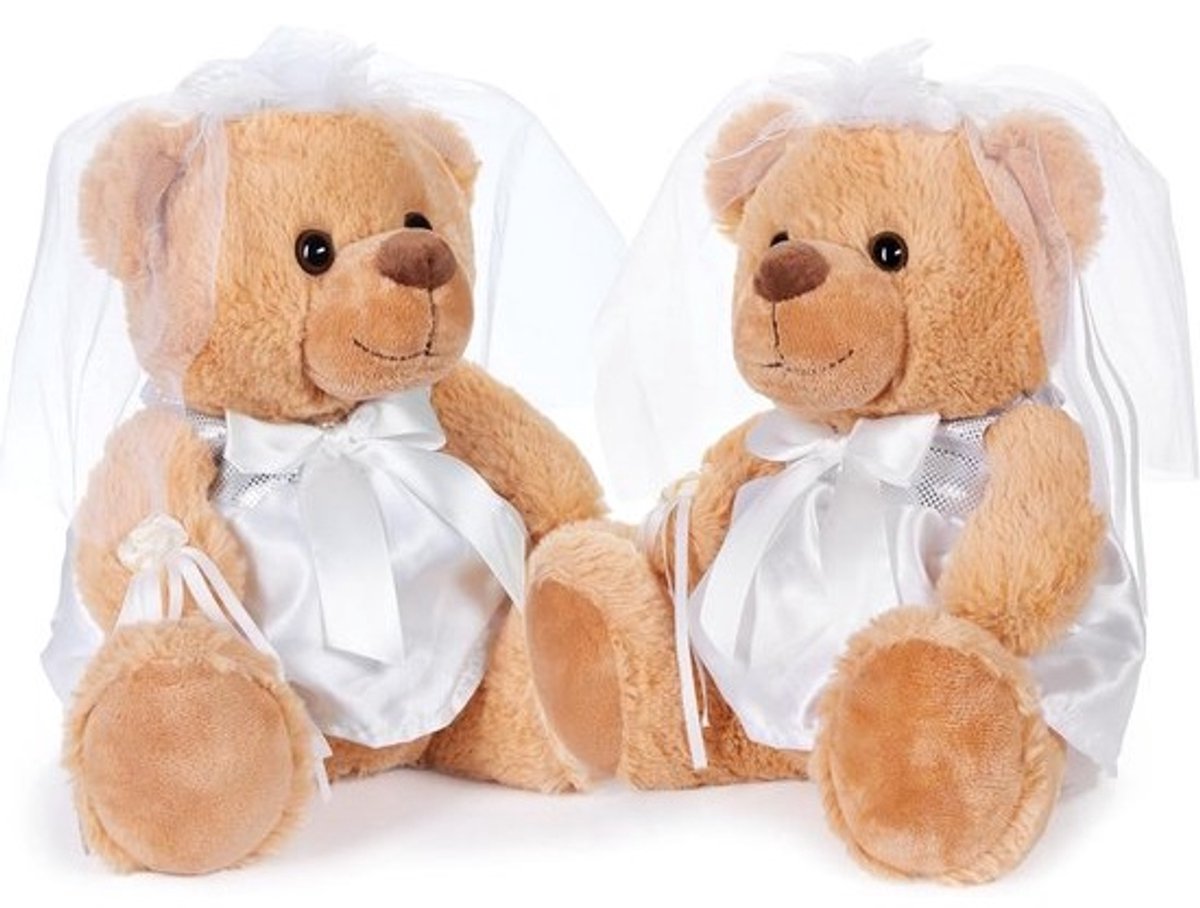 Teddy Bruidspaar in Witte Bruidsjurk – Set van 2 met Sluier en Bloemen – Creatief Geldgeschenk of Huwelijkscadeau – 25 cm