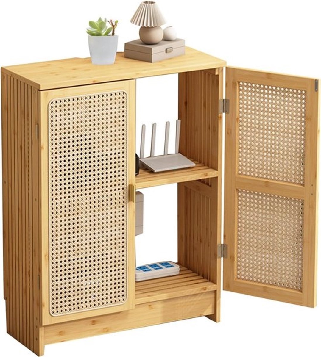 Opbergkast met Deuren en Verstelbare Plank - Bamboe Kast voor Router, Badkamer, Woonkamer