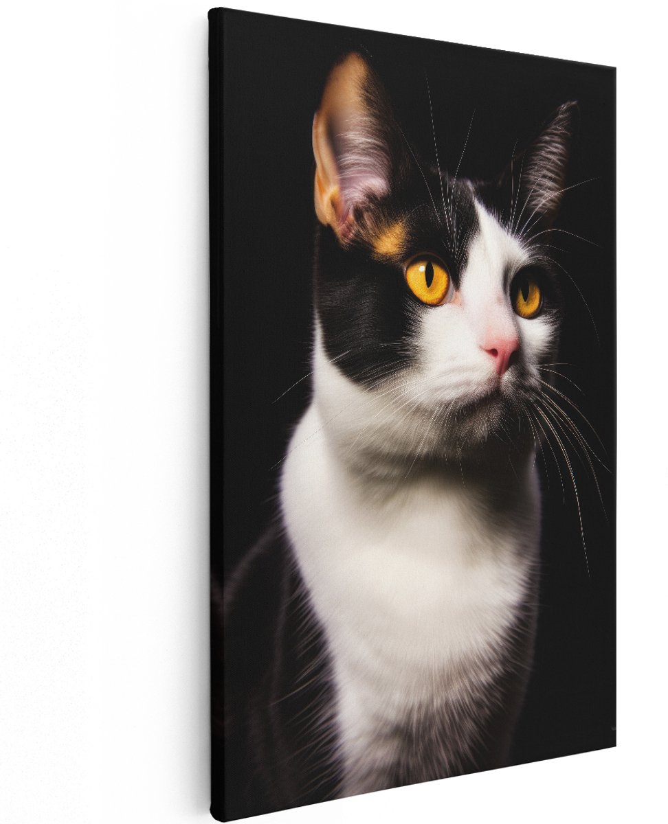 Artaza Canvas Schilderij Kat - 120x180 cm - Groot - Wanddecoratie Dieren - Muurdecoratie Zwart Wit - Decoratie Portret Gele Ogen - Kamer Accessoires