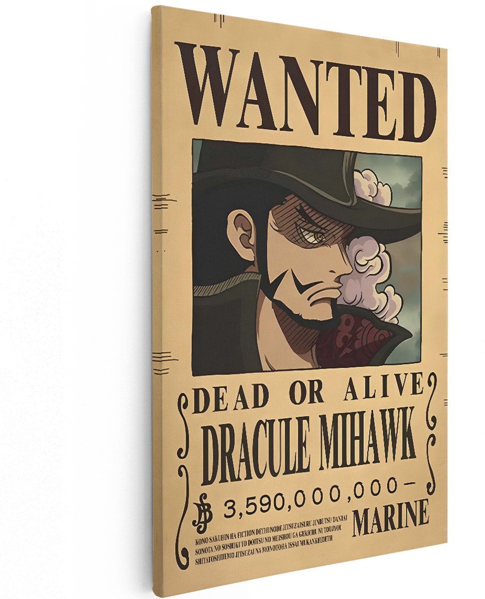 Artaza Canvas Schilderij Wanted Poster Dracule Mihawk - 120x180 cm - Groot - Wanddecoratie One Piece - Muurdecoratie Anime - Decoratie Slaapkamer