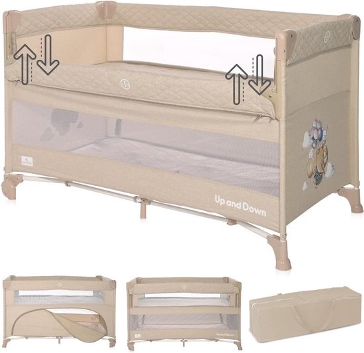Lorelli Up and Down 3-in-1 Kinderbed incl. Bodemverhoger Fog Beige Flying Friends