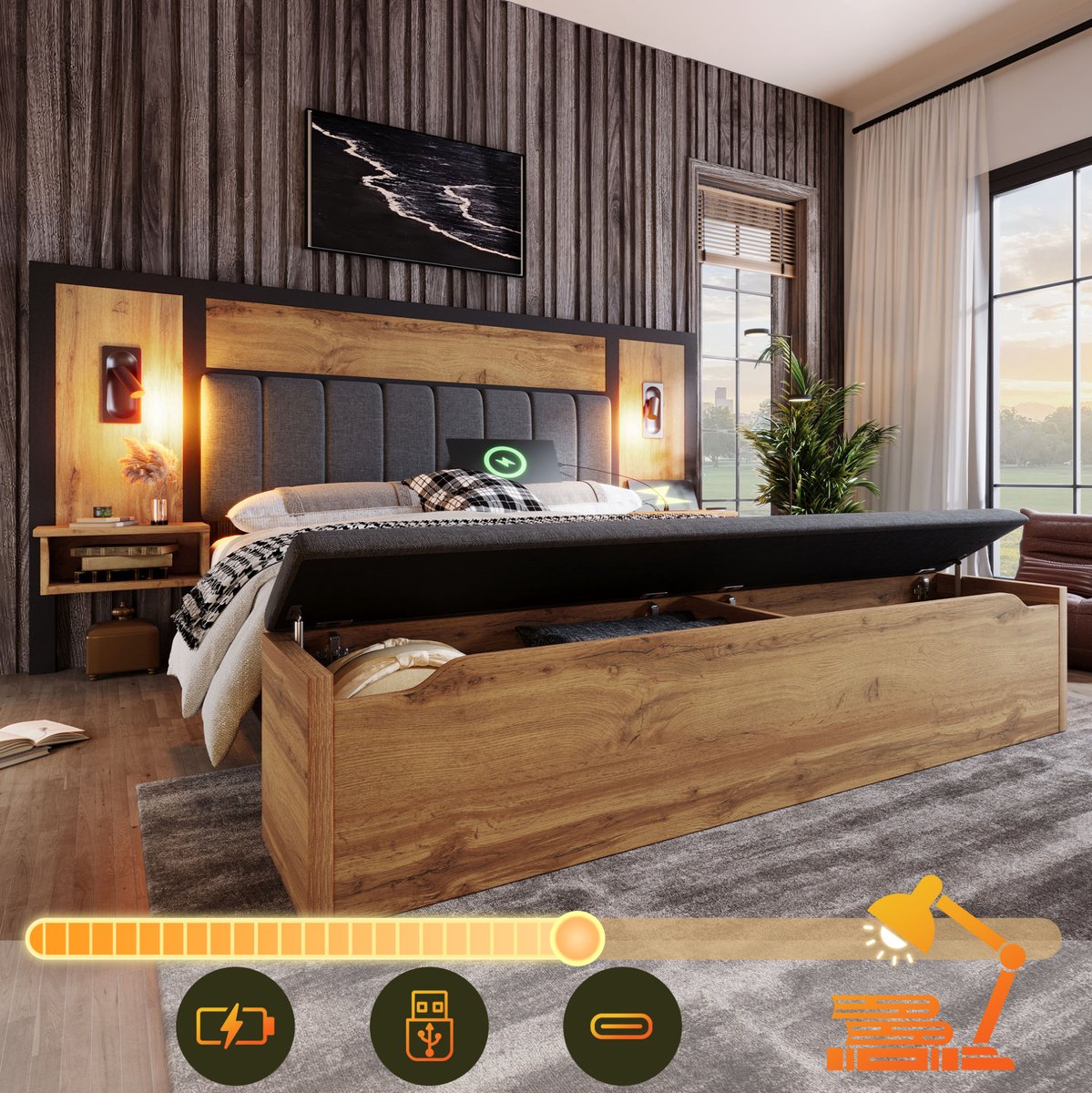 REDOM - Bed - Geïntegreerde leeslampen en USB-C - Met nachtkastjes en opbergbank - Metalen lattenbodem - Slaapkamer - Hout, MDF, metaal en stof - Eiken - 241 x 234 x 118 cm