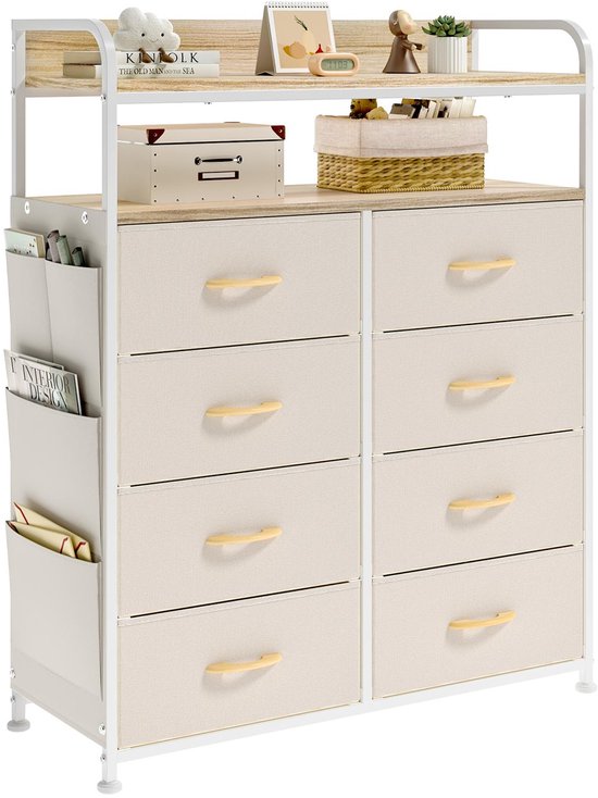 Beige ladekast met 8 stoffen lades, houten bovenplanken, wit metalen frame en zijvakken voor opbergruimte.