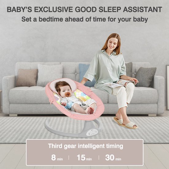 Elektrische Baby Wipstoel – Bluetooth, Afstandsbediening, 5 Trillingsstanden, Muziek, 5-Punts Veiligheidsgordel & Klamboe – Roze — afbeelding 2