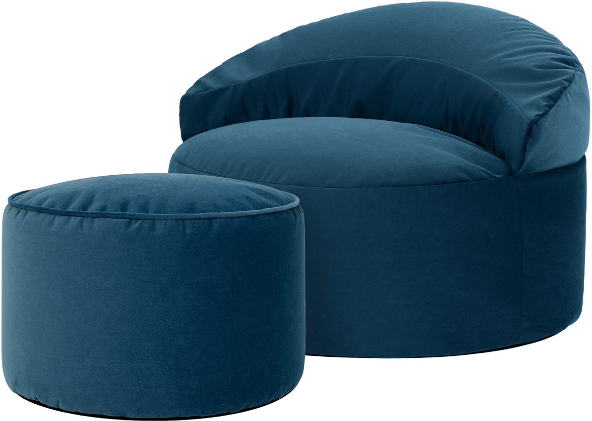 icon - Orb Zitzak Fauteuil met Poef - Fluweel - Marineblauw