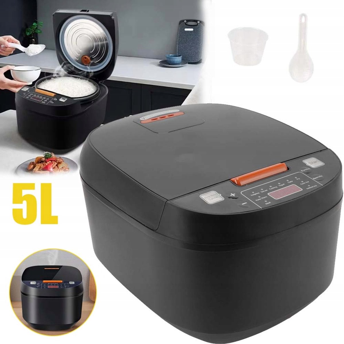 5L Multifunctionele Elektrische Snelkookpan - Rijstkoker Slowcooker Yoghurtmaker En Warmhoudpan - 900W Oververhittingsbeveiliging Gemakkelijk Te Openen Deksel - Zwart