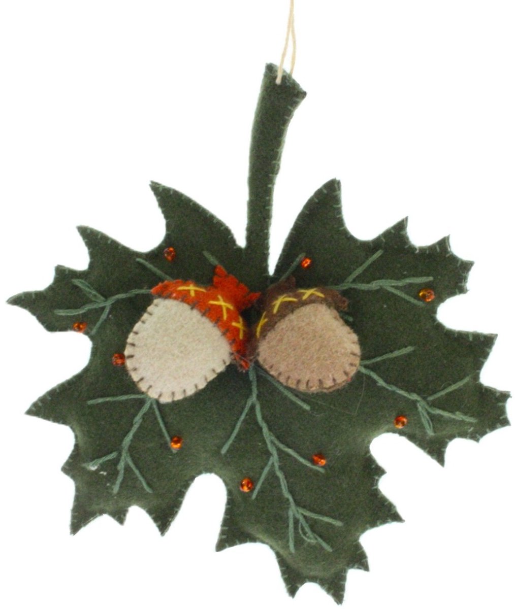Blad met eikels donkergroen, vilt 12x4x14cm