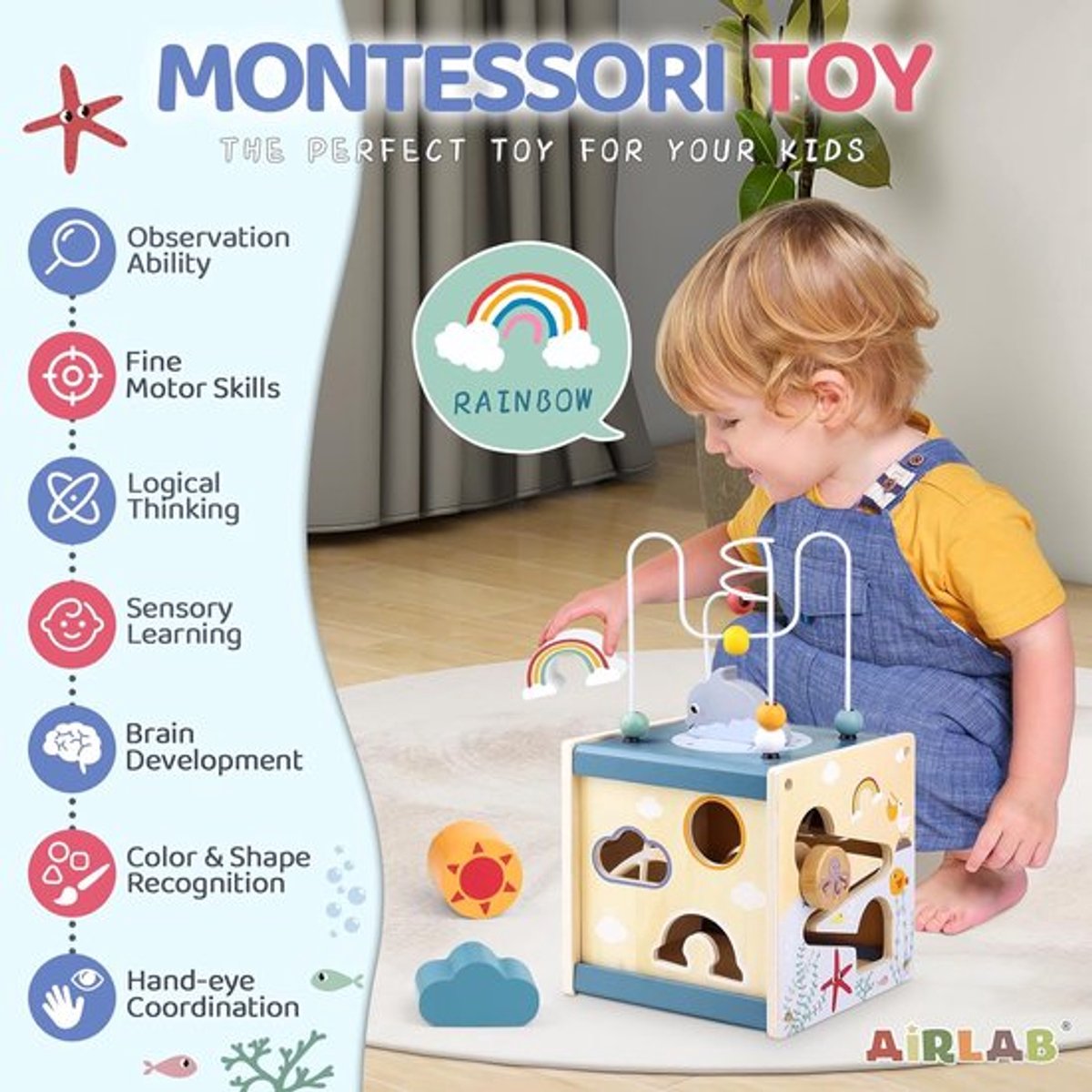 Montessori Houten Activiteitenkubus (Thema Zee) – Educatief Speelgoed voor Baby’s en Peuters vanaf 1 Jaar, met Kralenbaan, Vormenstopper, Spiegel en Puzzel, ter Stimulering van Motoriek en Zintuiglijke Ontwikkeling — cadeau in Spellen & Speelgoed - foto 7