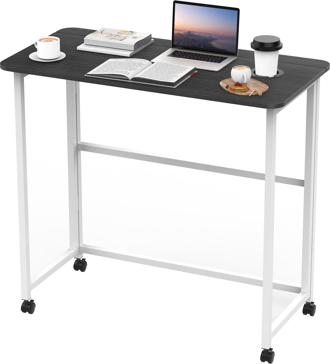 Arvioo‑Vouwbaar bureau‑80x40x74cm‑met wieltjes‑bekerhouder‑zwart