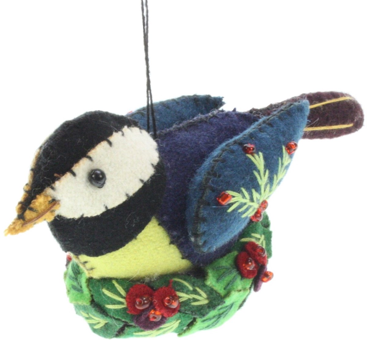 Koolmeesje op nest met hulst, vilt 13x5x5,5cm