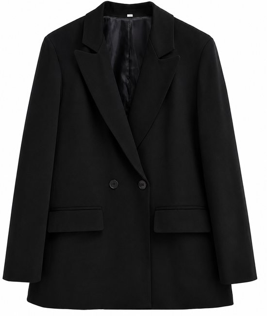 Zwarte oversized blazer met reverskraag, twee knopen en twee paspelzakken aan de voorzijde.
