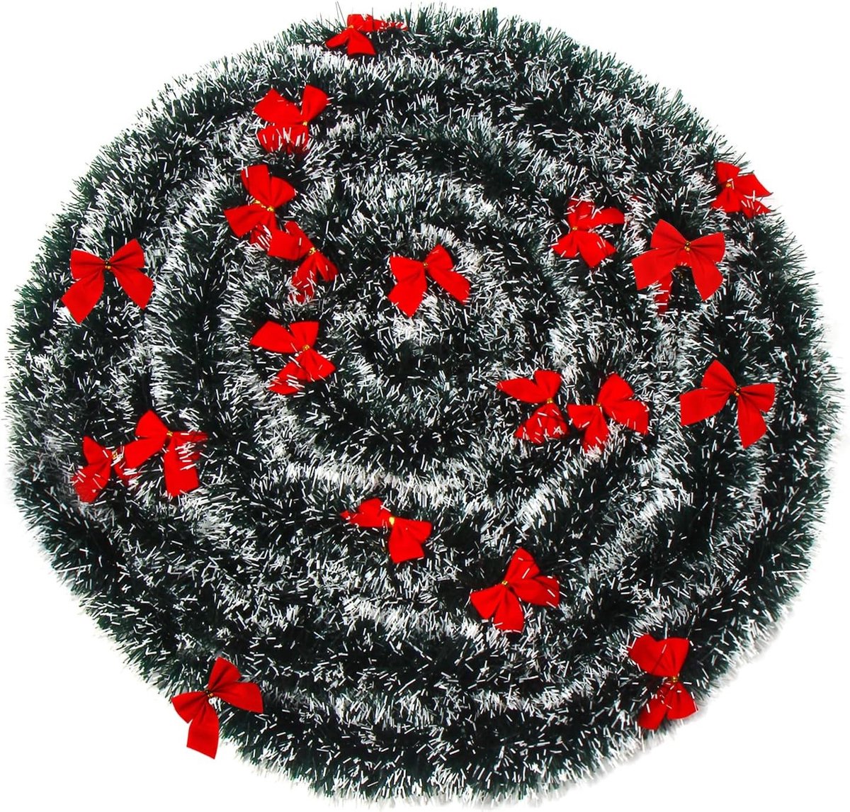 Kunststof Lametta Slinger met 24 Rode Strikken, Sneeuwdecoratie voor Kerstversiering en Feestaccessoires, 90 cm Lang