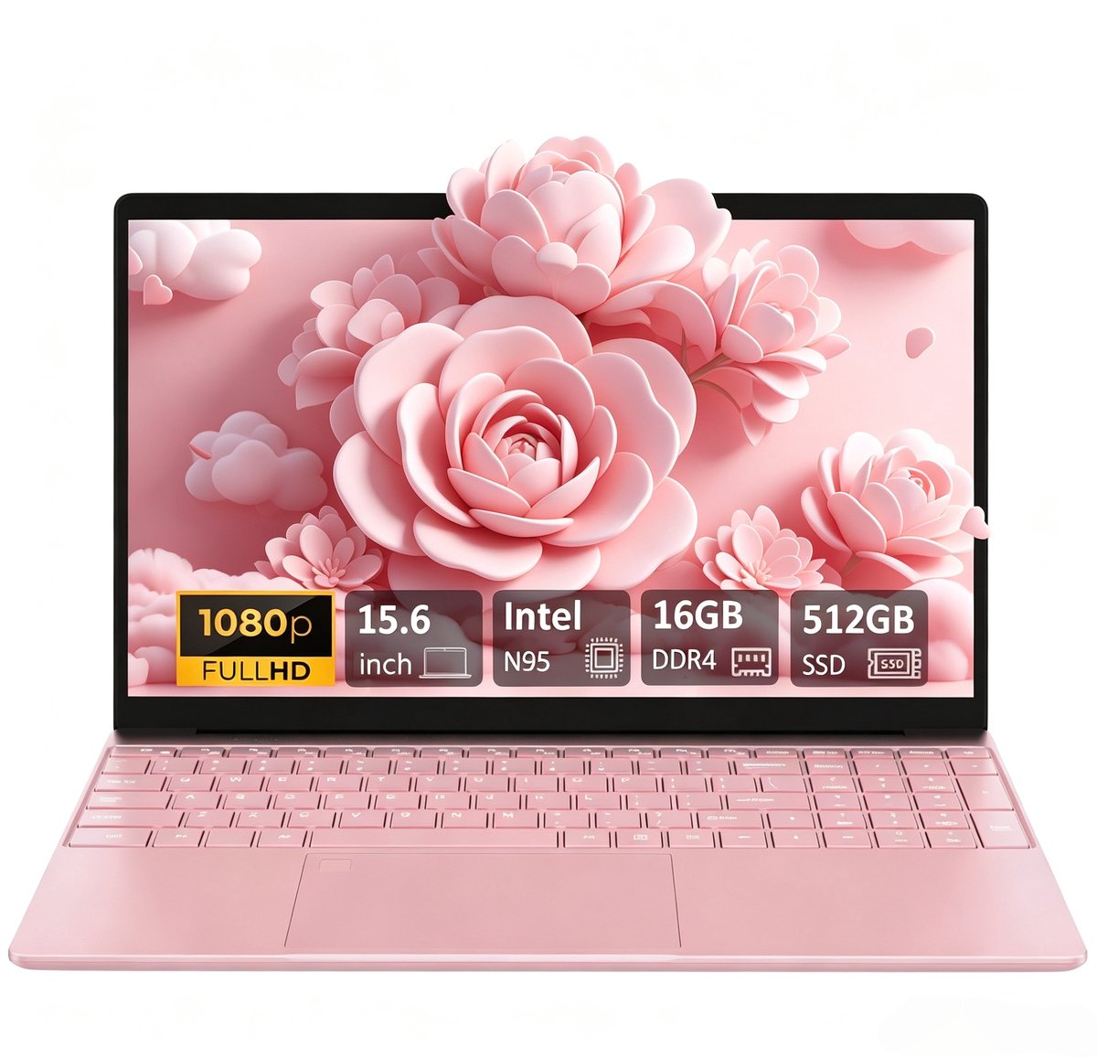 15,6 Inch Laptop T152A‑N95 - Intel Celeron N95 - 1920×1080 Full HD IPS‑scherm - 16GB DDR4‑512GB SSD - Windows 11 - Roze