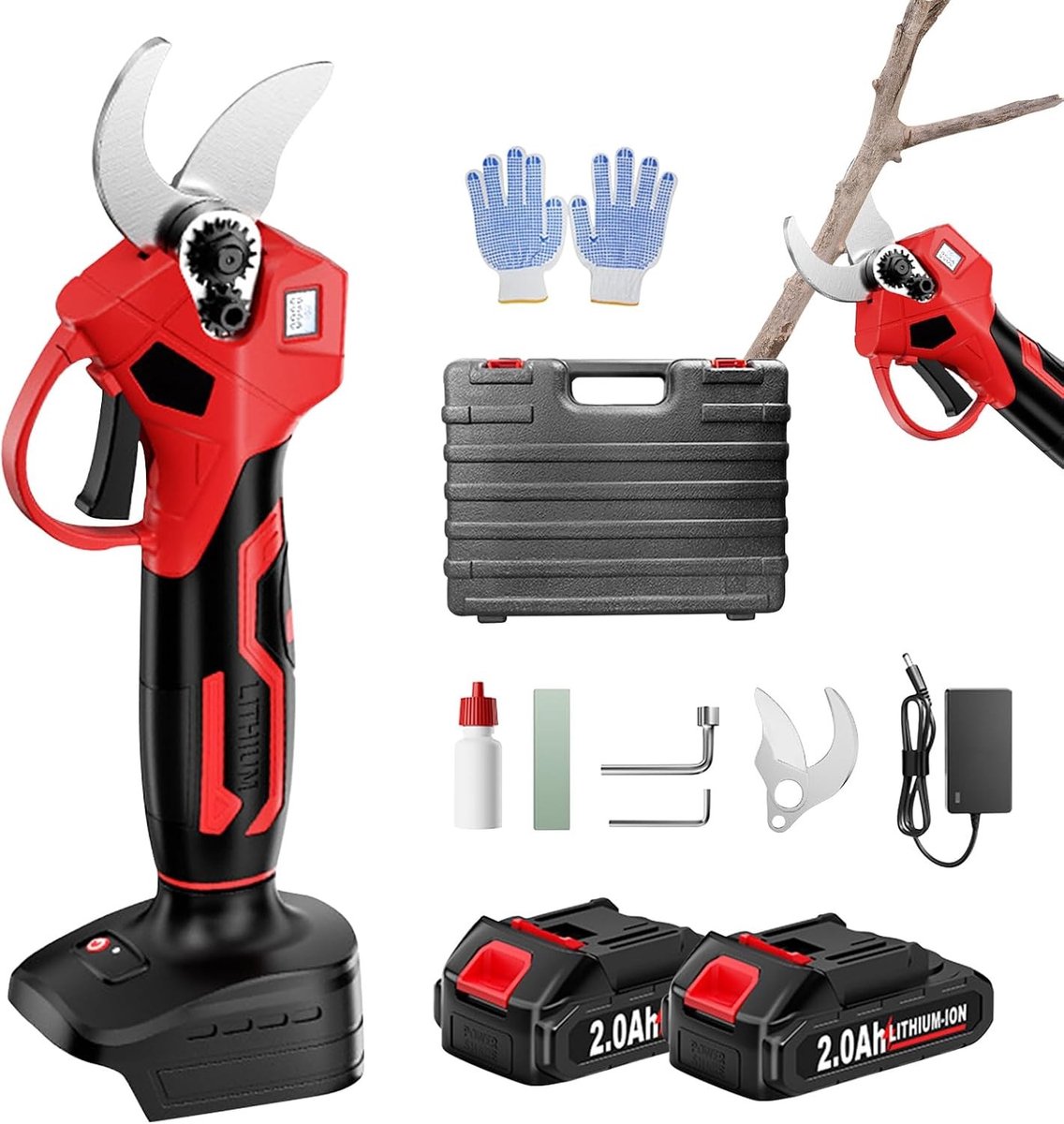 Draadloze Elektrische Snoeischaar met 40 mm Snijdiameter, 21 V, 2000 mAh Batterijen en Vervangbladen voor Tuinonderhoud en Snoeien van Bomen en Rozen