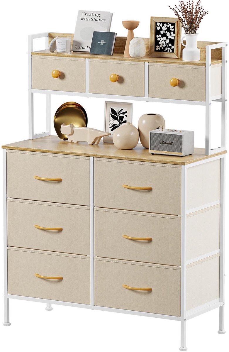 Nettaeseno Ladekast met 9 Stoffen Lades - Opbergkast met metalen Frame Slaapkamer - 35x80x130 cm - Beige