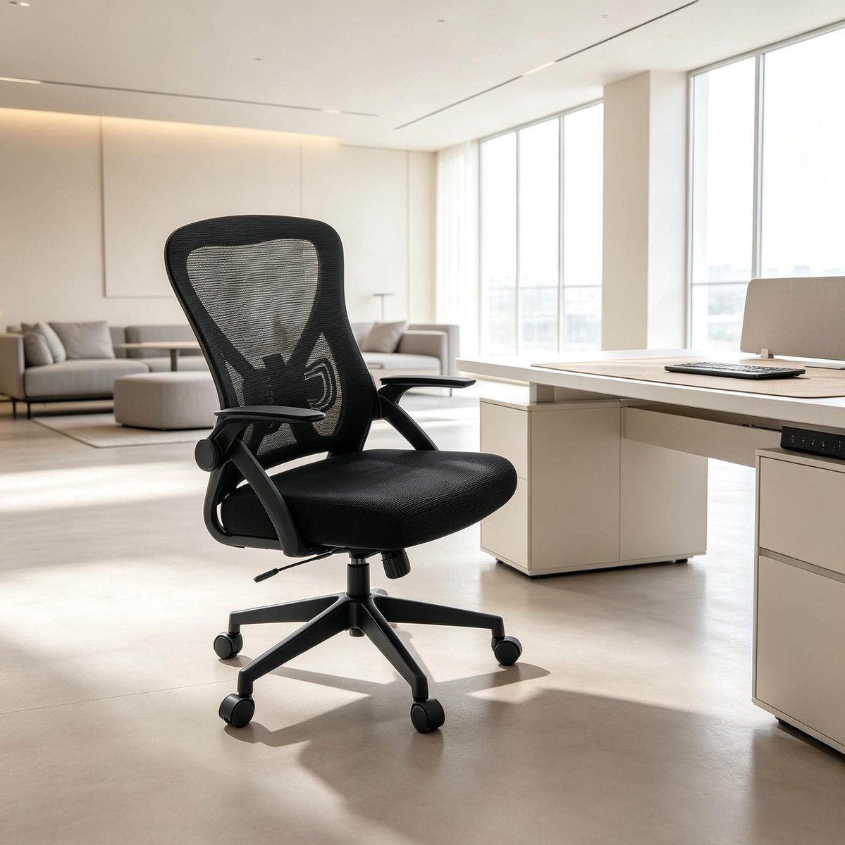 DESMIU Bureaustoel - Ergonomische Mesh Rugleuning - 360 Draaibaar En Kantelbaar - Voor Kantoor En Thuiswerk - Metaal Mesh Kunststof - Zwart
