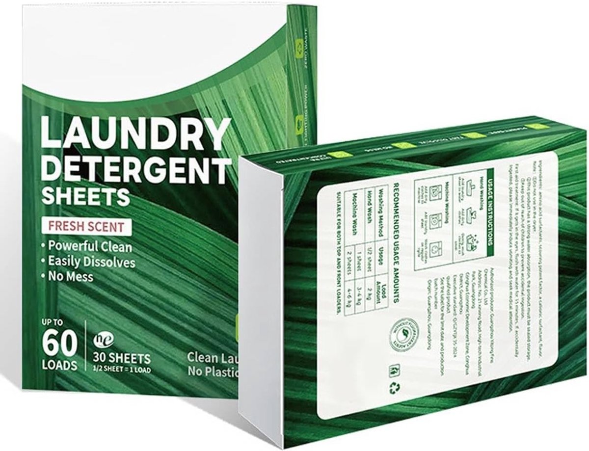 Duurzame wasmiddelblaadjes, 60 vellen, eco-vriendelijk, geurige wasstrips voor wit, kleur en handwas, milieuvriendelijk en CO2-reductie