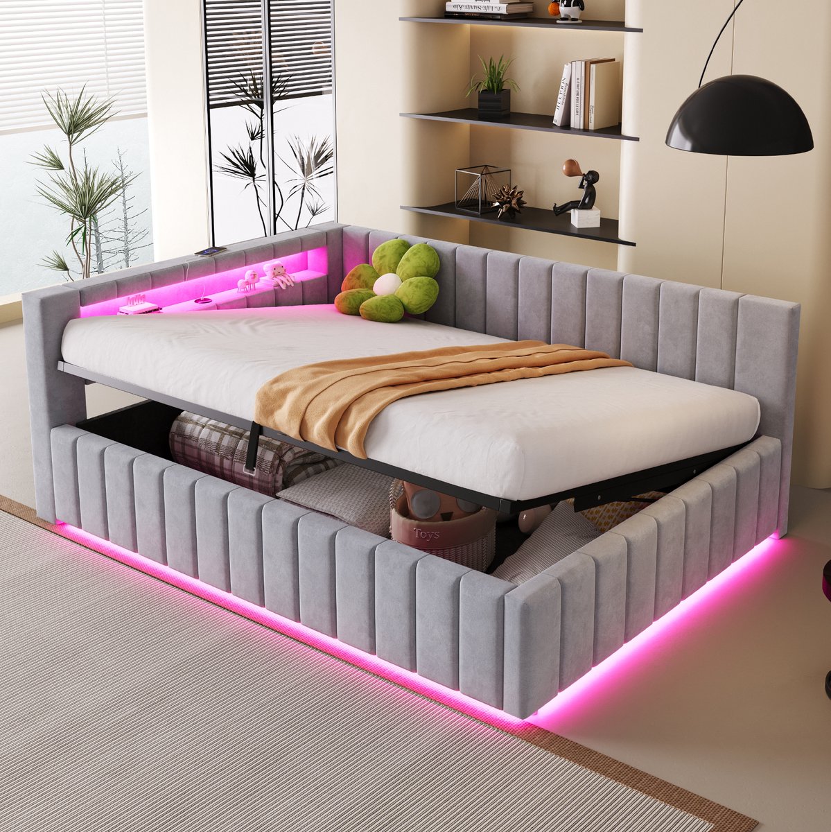 Wishdor Slaapbank - Opbergruimte en LED-verlichting - USB-aansluiting en rugleuning - Fluwelen bekleding - Grijs - 140 x 200 cm