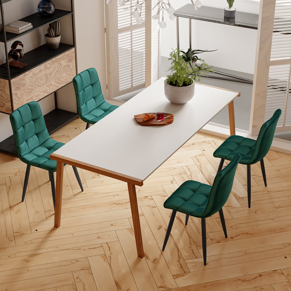 Eetkamerstoelen set van 4, gestoffeerde keukenstoelen, 44x46x86 cm, moderne stoelen voor eetkamer en woonkamer, metalen poten, fluweel, groen