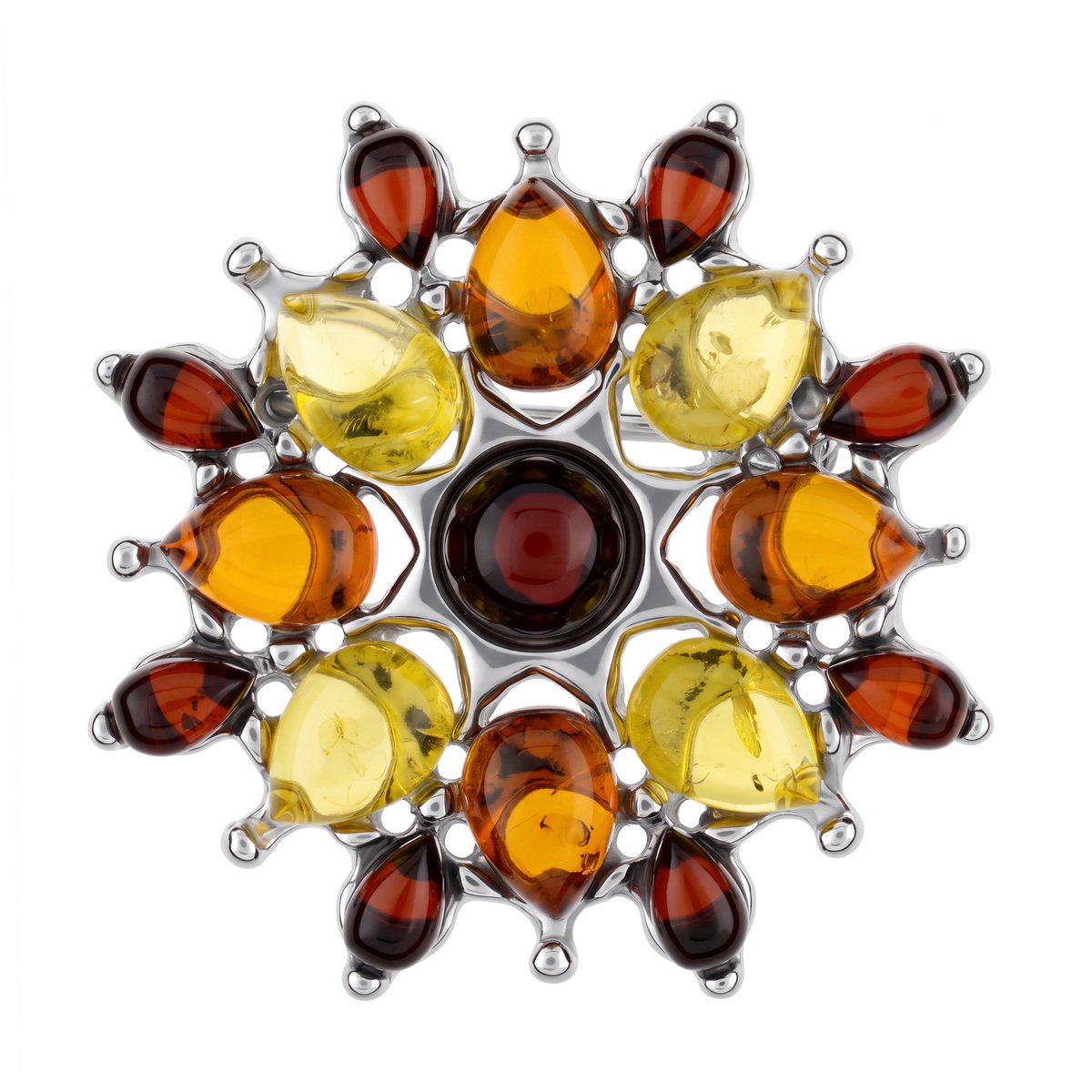 Cavill - Zilveren Broche met Baltische Barnsteen - 925 Sterling Zilver - Peervormige Cabochons - Cognac, Citroen & Kersrood - Luxe Vintage - 3,767 ct