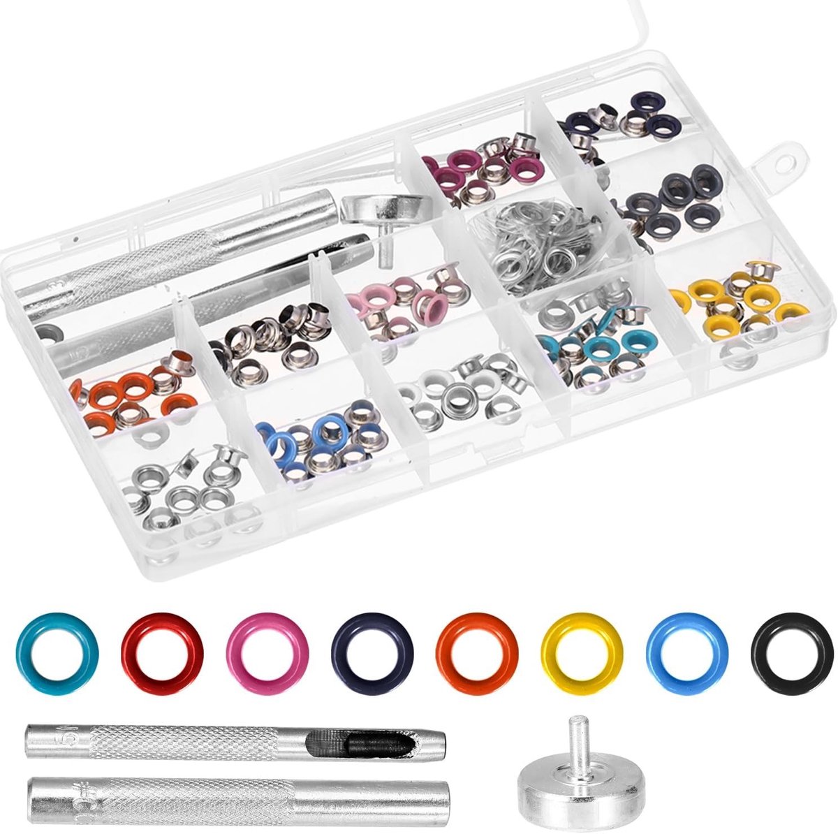 Complete set van eyelettangen met 120 kleurrijke eyelets en perforator voor stof en leer, ideaal voor DIY-projecten en kledingaccessoires