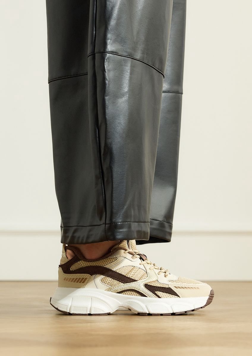 Manfield - Dames - Beige mesh sneakers met bruine details - Maat 39