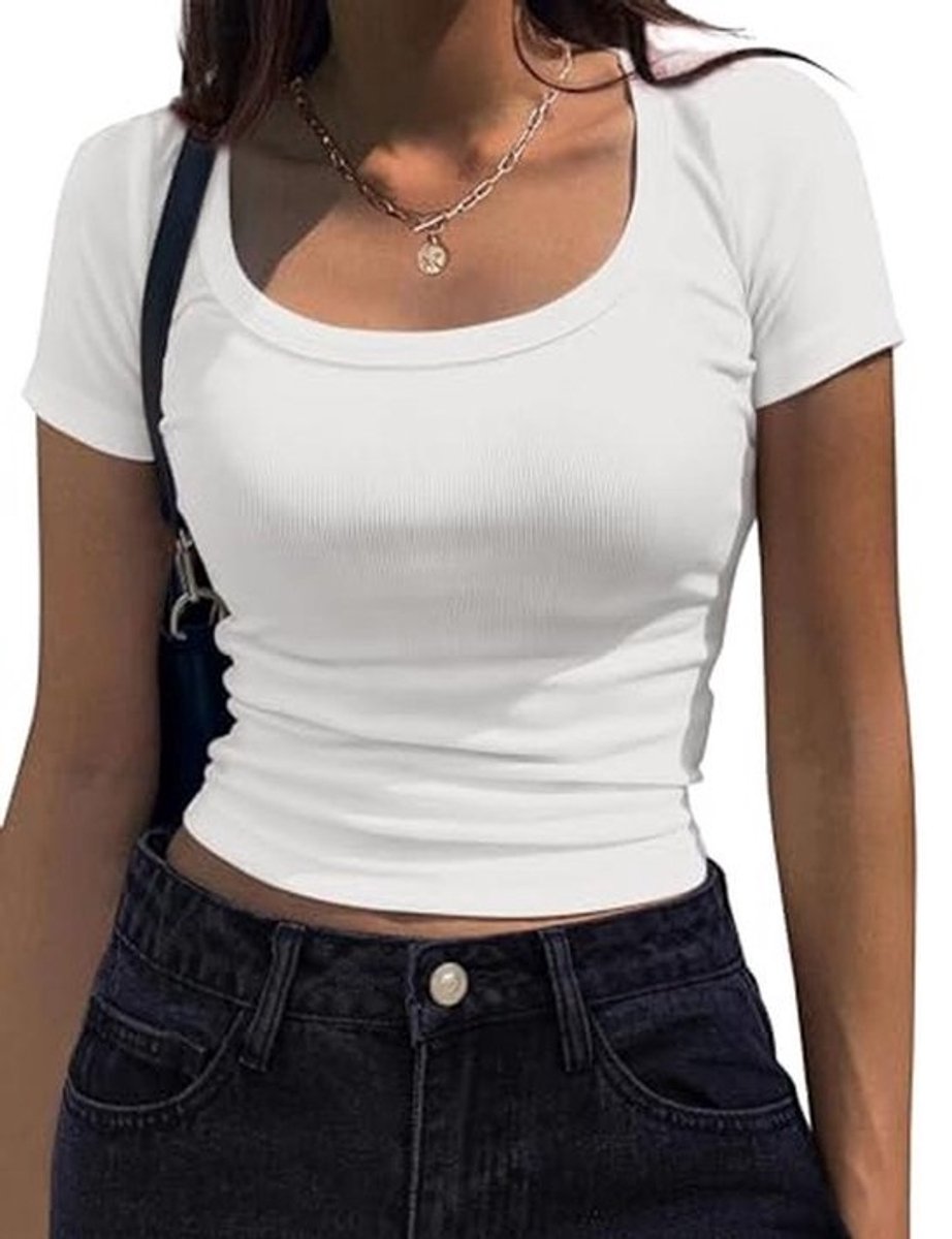 Elegante dames t-shirt met korte mouwen en U-hals - casual slimfit crop top XS-XXL