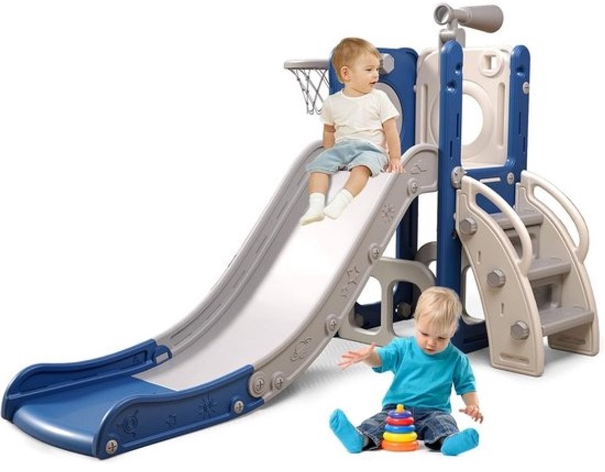 Multifunctionele kinderglijbaan 5-in-1 – veilig speeltoestel met klimmen, glijden en basketbalkorf – binnen en buiten speelplezier