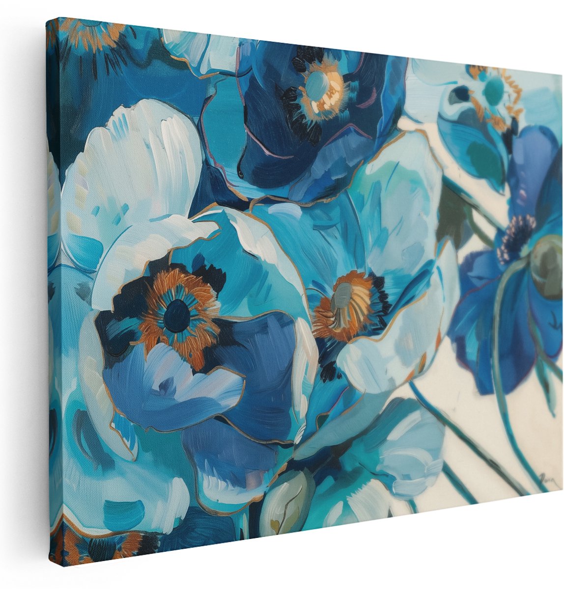 Artaza Canvas Schilderij Blauwe Bloemen op een Witte Achtergrond - Bloemen - 160x120 cm - Groot - Wanddecoratie Woonkamer - Schilderijen - Muurdecoratie