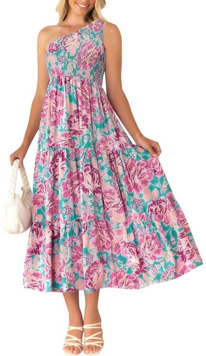 Boho-stijl Zomerjurk voor Dames – Effen Eén Schouder, Mouwloos, Ruches, Perfect voor Strand en Feest