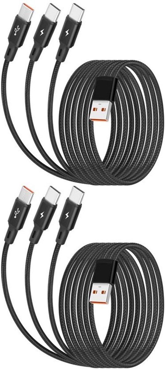 3-in-1 USB-C Splitter Kabel (2 Stuks) Nylon Gevlochten voor Gelijktijdig Opladen Telefoon & Tablet (1,2m)