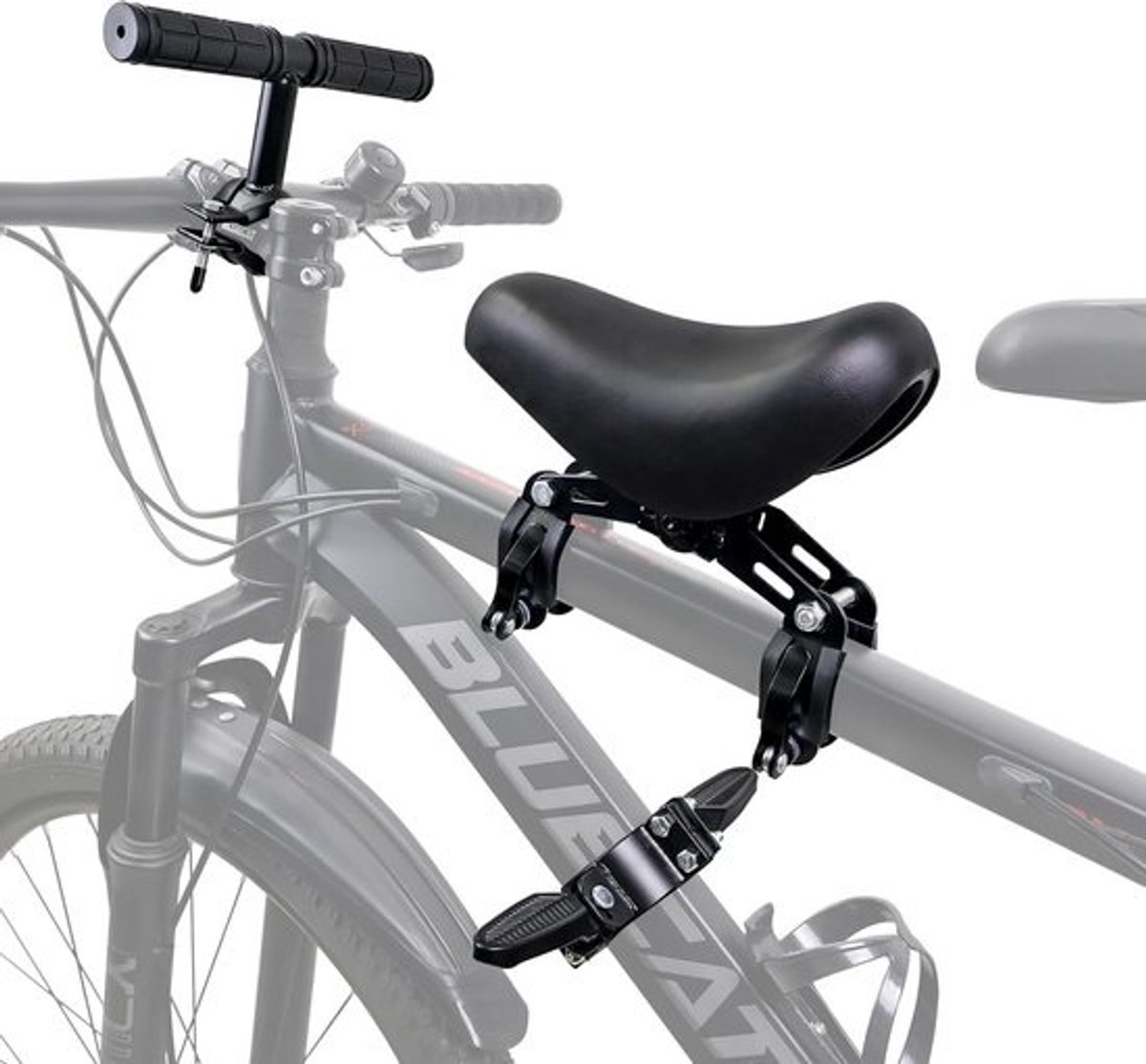 Vooraan gemonteerde kinderfietsstoelen met voetpedalen geschikt voor MTB en stadsfietsen