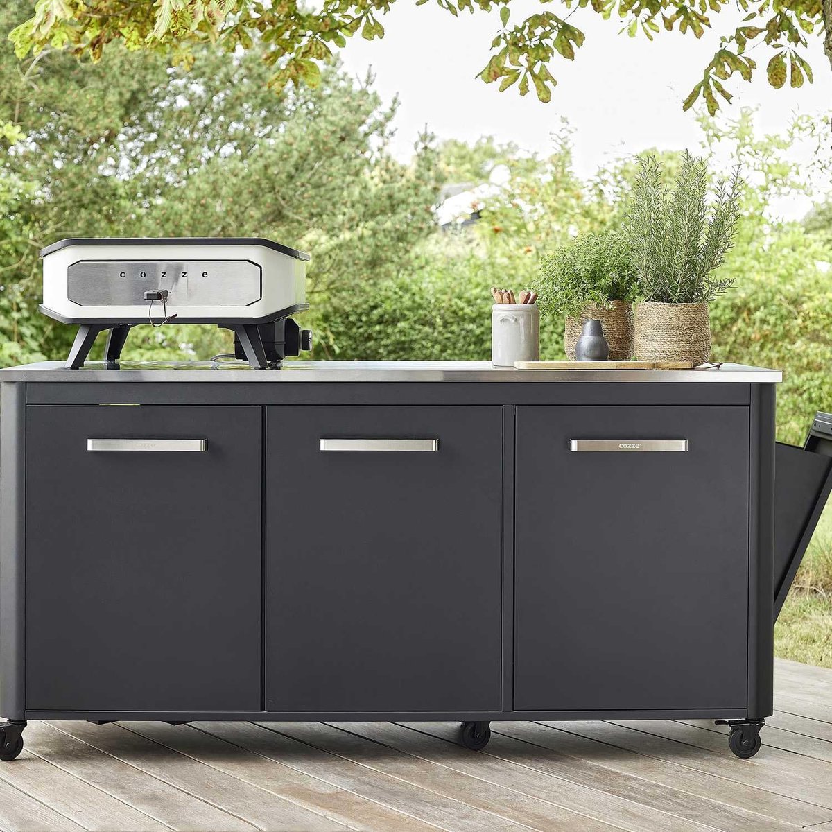 Cozze® Buitenkeuken 180 met RVS werkblad – modulaire outdoor keukentafel met 3 deuren, geïntegreerde afvalbak, houder - ShopVlot