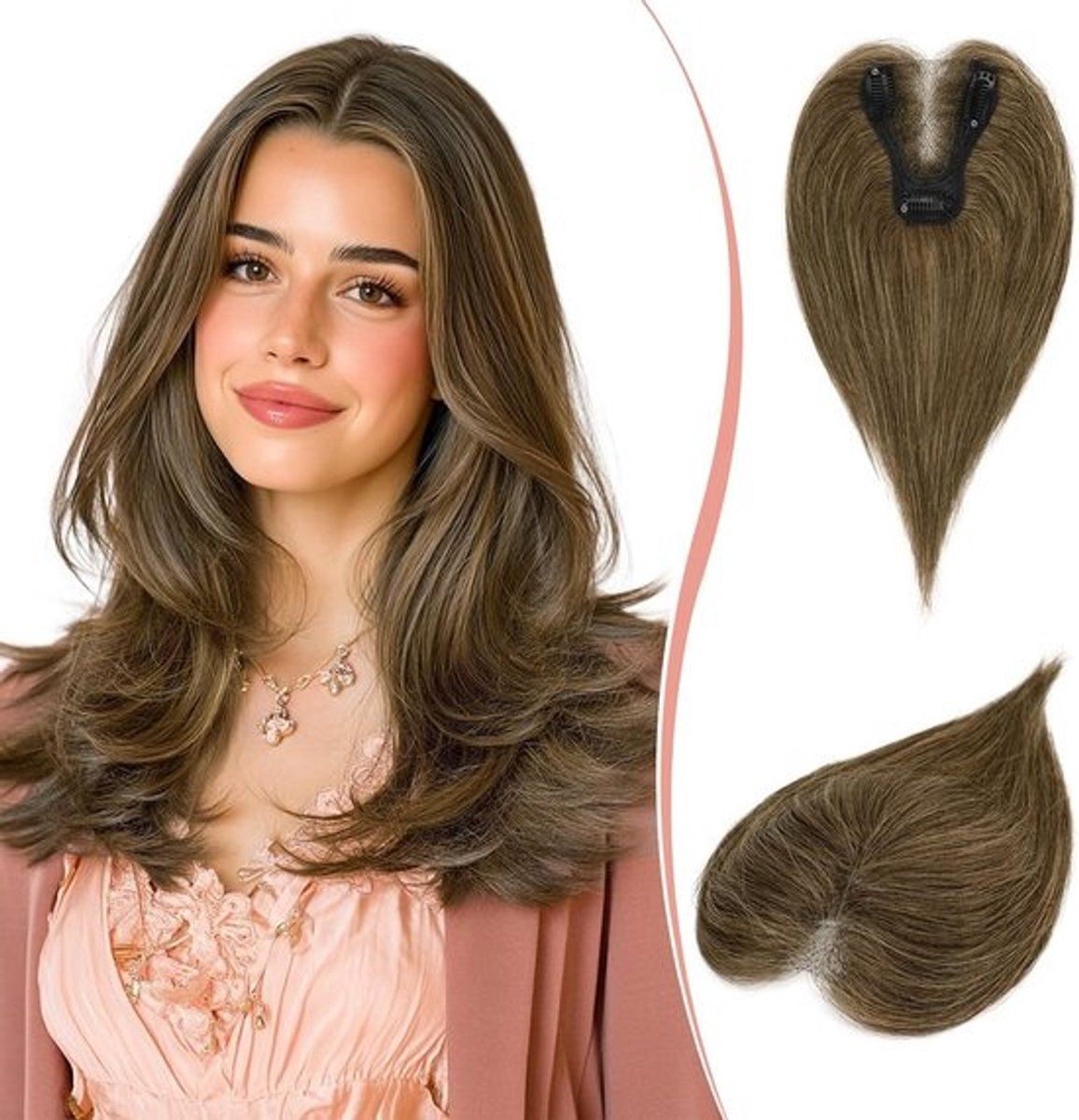Haarstukjes voor Dames Realistisch Menselijk Haar Clip-In Topper voor Dunne Haren Lichtbruin met Highlights