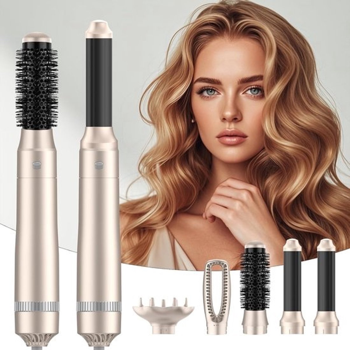 Luchtstyler 5-in-1 - Haarstylingborstel - Haar Drogen Krullen - 3 Temperatuurstanden - 8 x 4.5 x 48 cm - Goud
