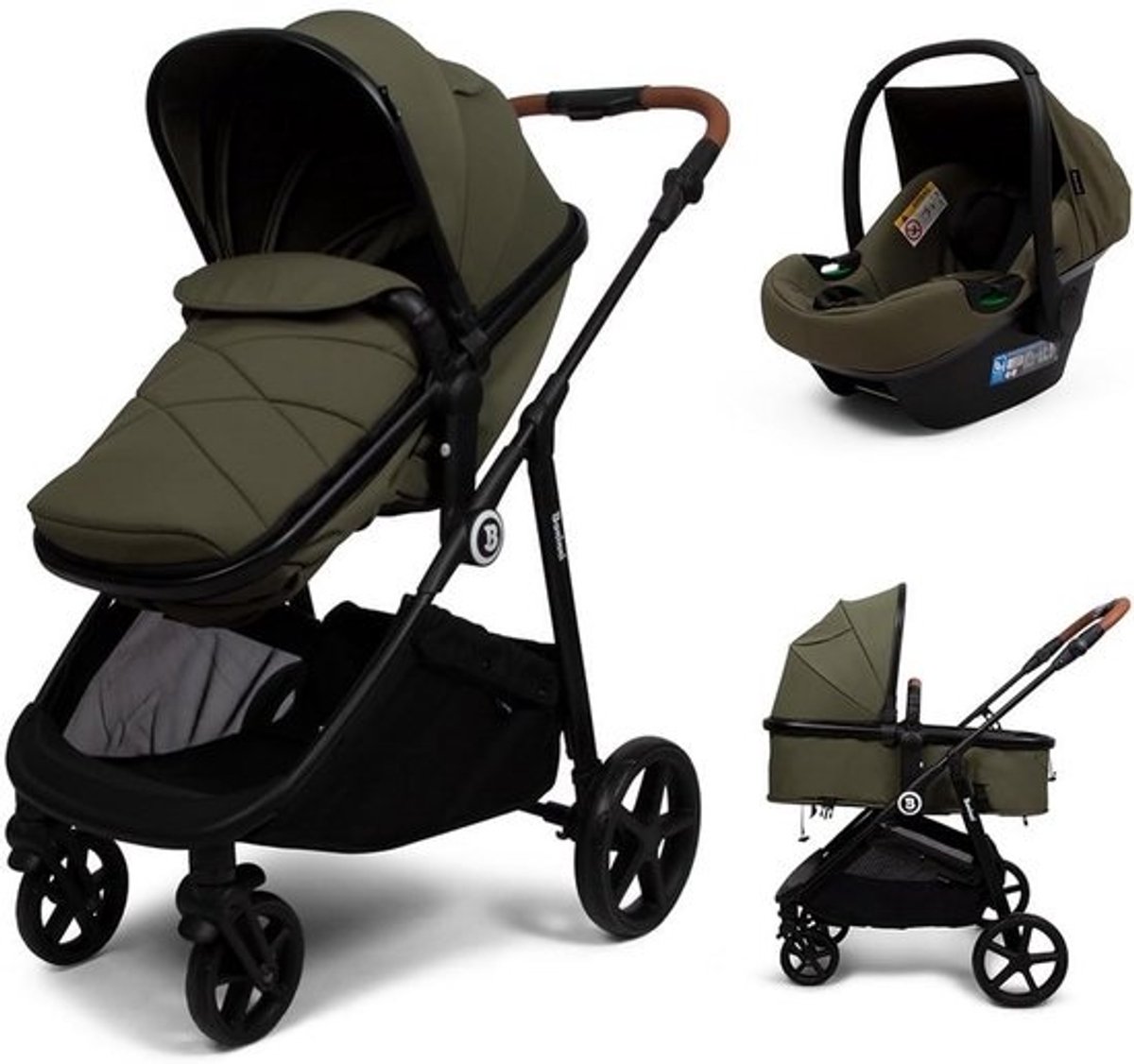 3-in-1 Kinderwagen met Autostoel en Voetenzak - Verstelbare Rugleuning en Zonnedak - Compact Inklapbaar - i-Size Autostoel vanaf Geboorte