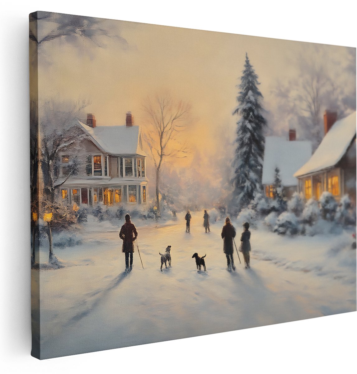Artaza Canvas Schilderij Besneeuwd Dorp - 160x120 cm - Groot - Wanddecoratie Winter - Muurdecoratie Honden - Schilderijen Op Canvas Vintage