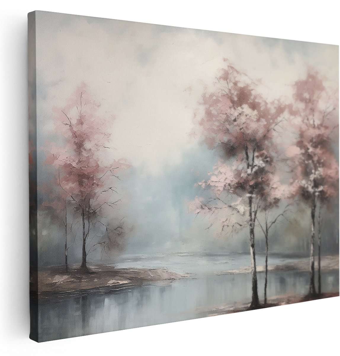 Artaza Canvas Schilderij Bloesem Landschap - 160x120 cm - Groot - Wanddecoratie Bomen Aan Water - Muurdecoratie Natuur - Schilderijen Op Canvas - Roze