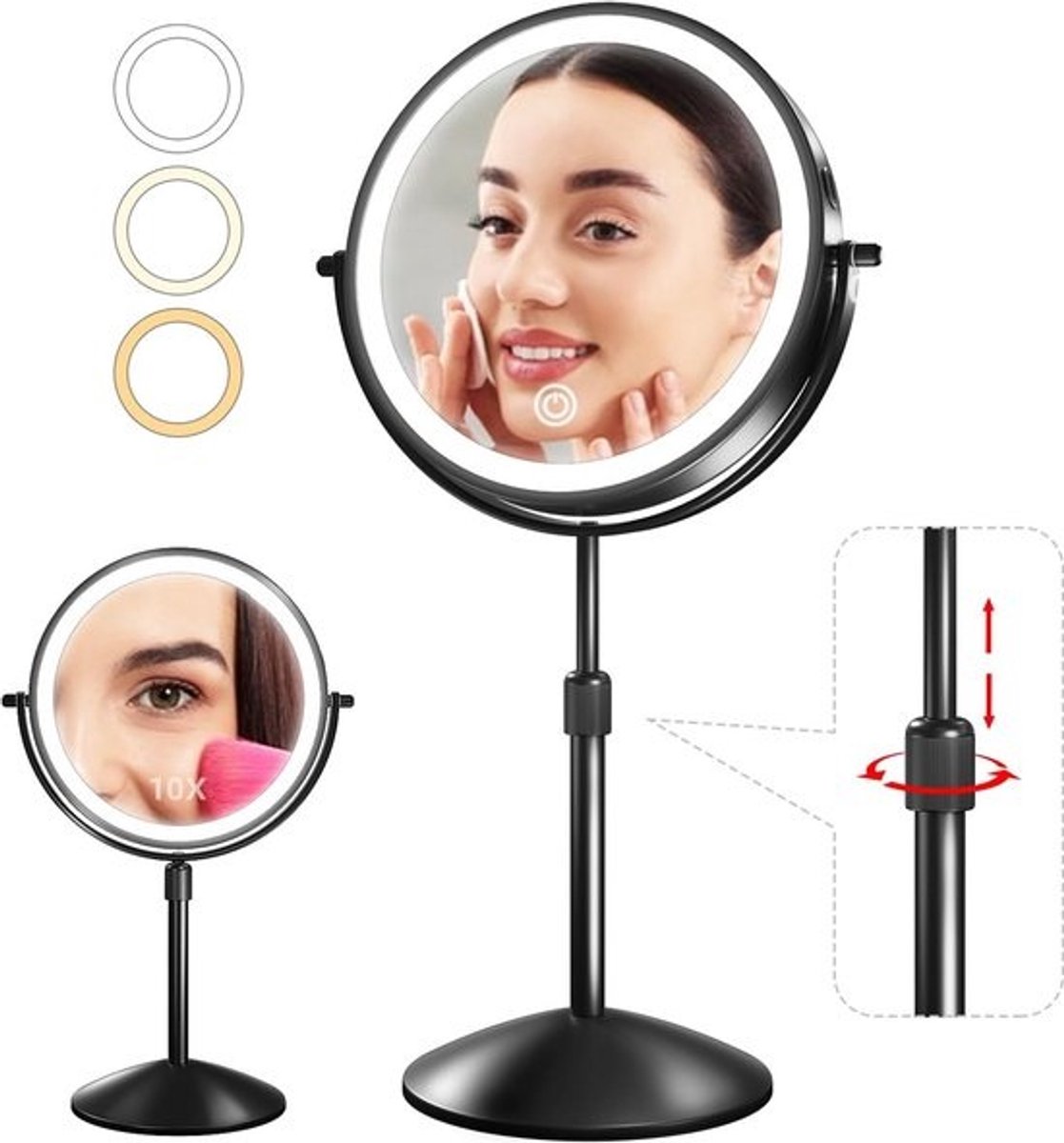 Verlichte Make-up Spiegel 10x Vergroting - In Hoogte Verstelbaar en Oplaadbaar LED Spiegel met 3 Lichtstanden