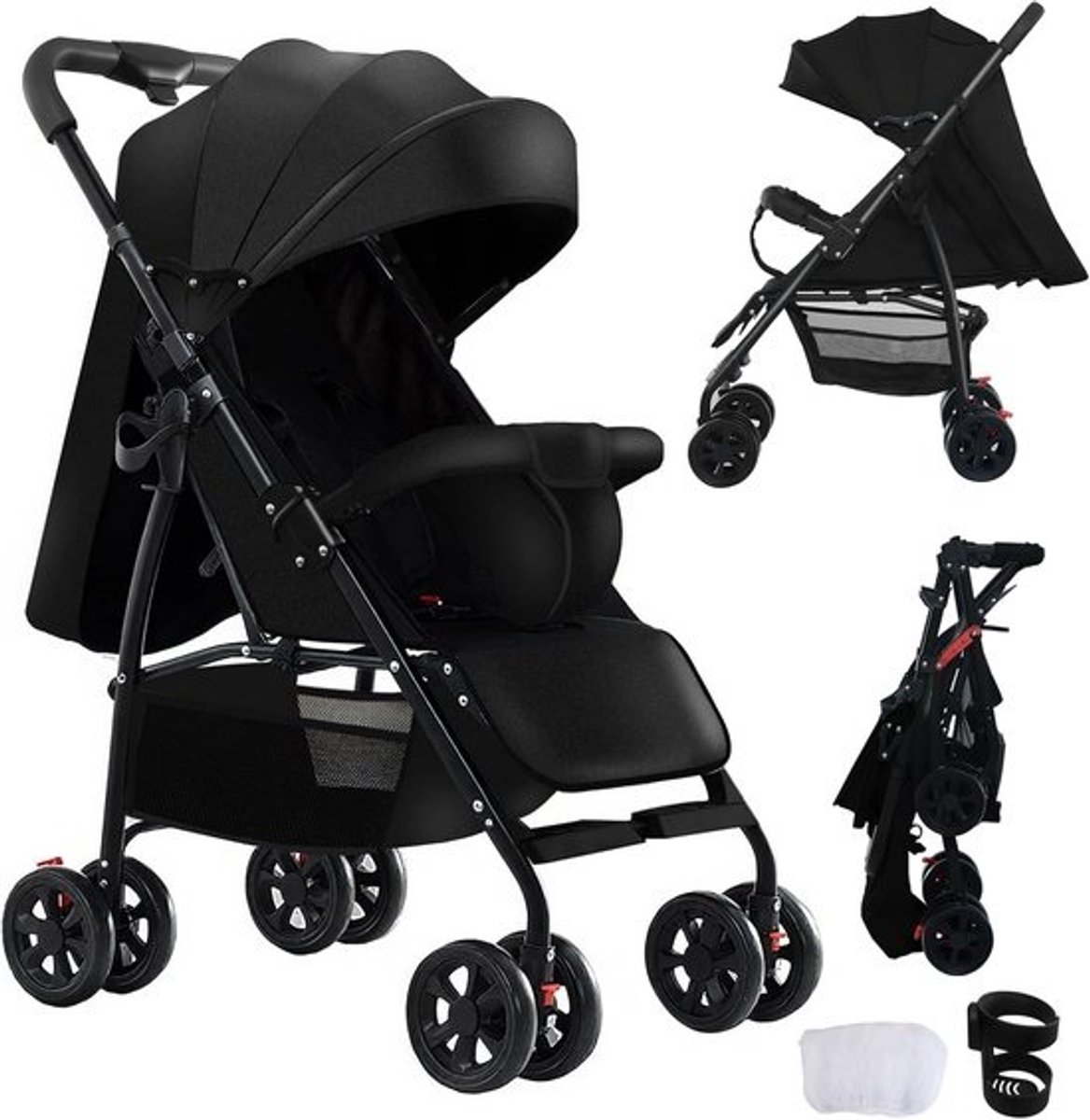 Kinderwagen Lichtgewicht - Babybuggy Inklapbaar - Comfortabel Reizen - Verstelbare Ligpositie - 46 kg - Zwart