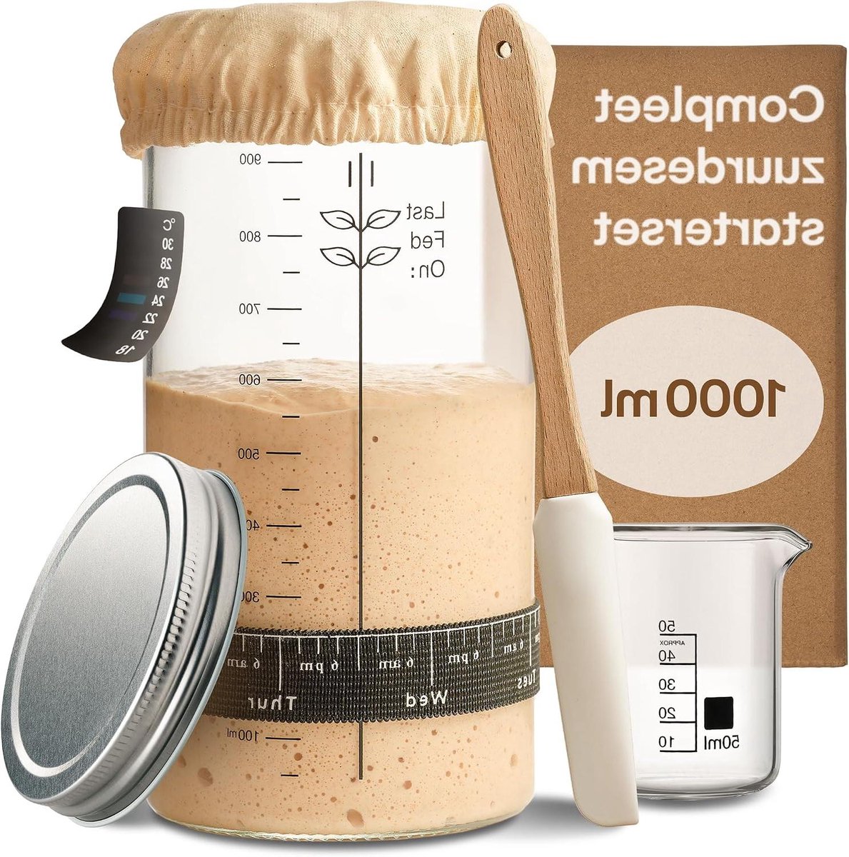 Zuurdesem Starter Kit - Glas Fermentatie - Zelf Brood Bakken - Compleet met Gids - 1000 ml - Transparant