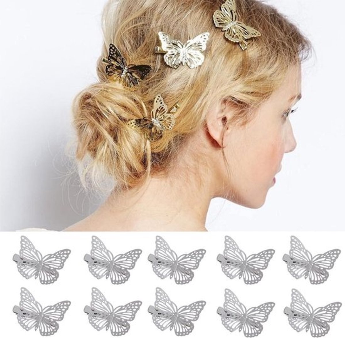10x Zilveren Vlinder Haarspeldjes voor Dames en Meisjes - Holle Alligator Clip voor Dik en Dun Haar